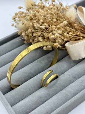 Çelik Gold Ayetel Kürsi Yüzük - Bileklik Set
