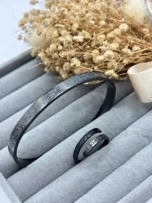 Çelik Siyah Ayetel Kürsi Yüzük - Bileklik Set