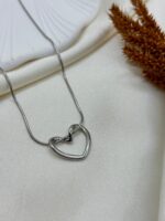 Çelik Gümüş Renk Zincir Kalp Kolye