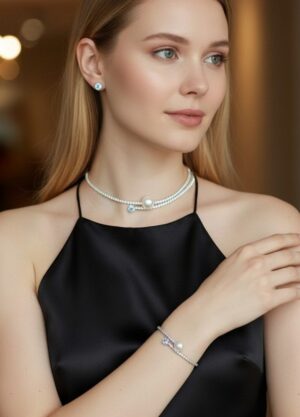 Vip Silver Taşlı İncili Kolye Bileklik Küpe Set