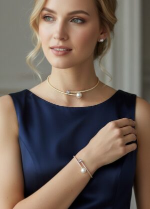 Vip Gold Taşlı İncili Kolye Bileklik Küpe Set