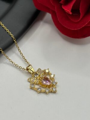 Çelik Taşlı Pembe Kalp Kolye