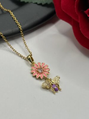 Çelik Pembe Çiçek Kolye